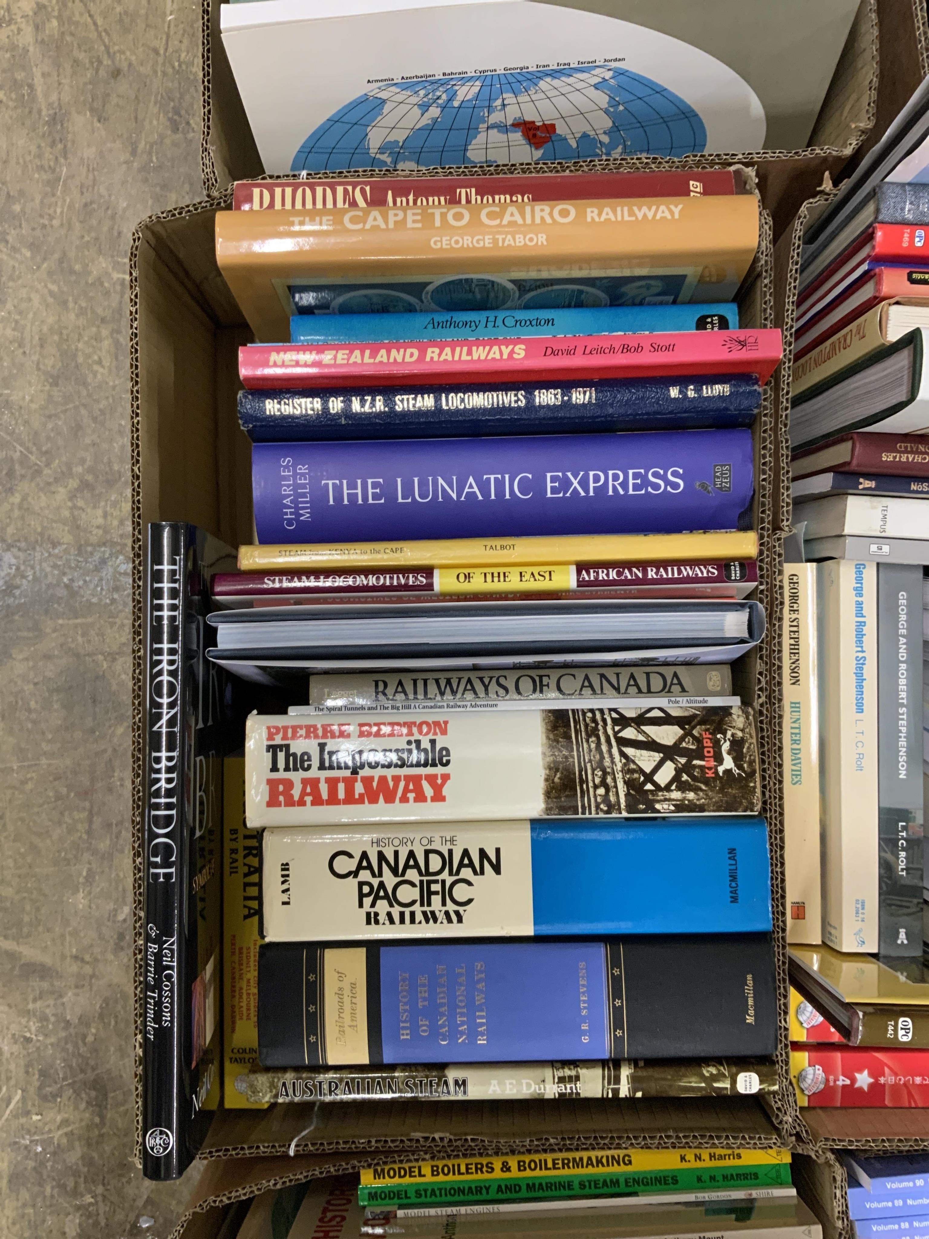 Eight boxes of railway related books, subjects include; Southern Railway, Garrett rolling stock, European railways, stationary engines, Indian Railways, American Railways, publishers include Middleton Press, David & Char